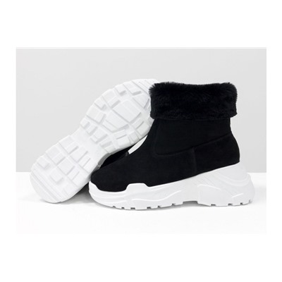Яркие женские ботинки, типа UGG, из натуральной замши и меха овечки черного цвета, на современной высокой платформе белого цвета, Б-19120-01