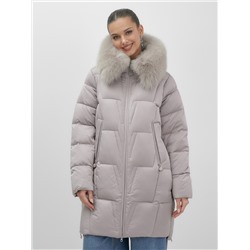 Пальто зимнее утепленное с мехом и капюшоном тренд светло-коричневого цвета 7630SK