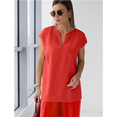 Свободный топ с V-вырезом и цельнокроеным коротким рукавом изо льна с вискозой