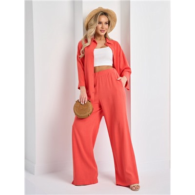 Брюки льняные кораллового цвета с карманами