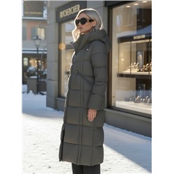 Пальто зимнее утепленное с капюшоном женское темно-серого цвета 7729TC