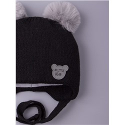 Шапка вязаная детская с двумя помпонами на завязках, нашивка MY LITTLE BEAR, черный
