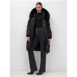 Пальто зимнее утепленное с мехом и капюшоном тренд черного цвета 7629Ch