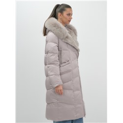 Двубортное пальто зимнее утепленное с мехом и капюшоном светло-коричневого цвета 7626SK