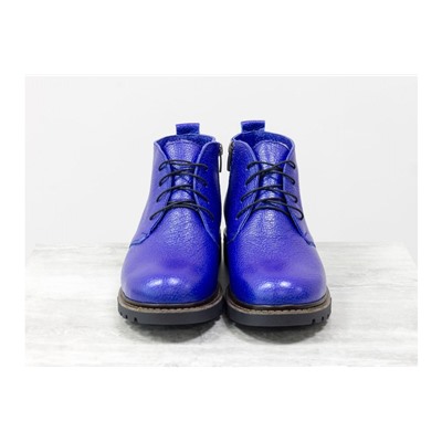 Женские ботинки на шнуровке в стиле Dr. Martens, выполнены из натуральной кожи флотар ярко-синего цвета, на утолщенной тракторной подошве, Б-152-28