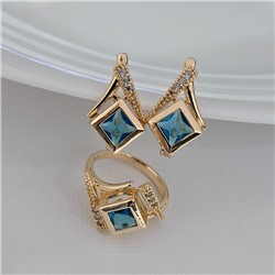 Комплект ювелирной бижутерии коллекция "Дубай" серьги и кольцо 18 р, покрытие позолота, вставка: фианит и цирконы, цвет: голубой и прозрачный, арт.414.636-18