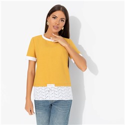 Футболка комбинированная с шитьём, Романтика с перчинкой (горчичная)