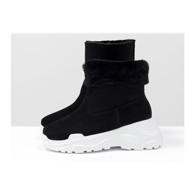 Яркие женские ботинки, типа UGG, из натуральной замши и меха овечки черного цвета, на современной высокой платформе белого цвета, Б-19120-01