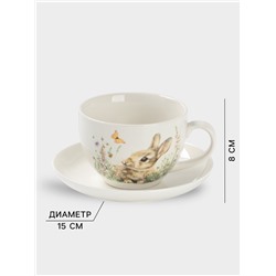 Чайная пара Доляна «Зайка», 2 предмета: чашка 250 мл, блюдце d=15 см, фарфор, белая