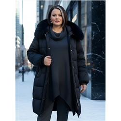 Пальто зимнее утепленное с мехом и капюшоном тренд черного цвета 7629Ch