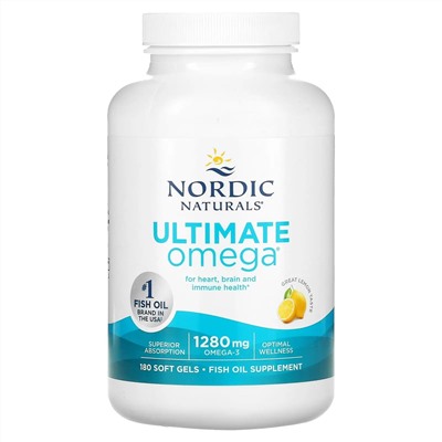 Nordic Naturals, Ultimate Omega, высокоэффективные омега-3 кислоты, со вкусом лимона, 1280 мг, 180 капсул (640 мг в 1 капсуле)