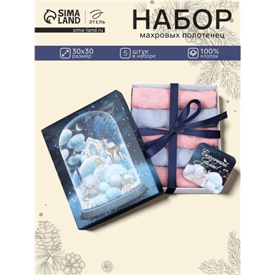 Махровые полотенца «Этель. Волшебного года», 30×30 см - 5 шт., хлопок 100%
