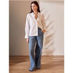 Блузка свободного силуэта в тонкую полоску из эластичного хлопка с добавлением льна