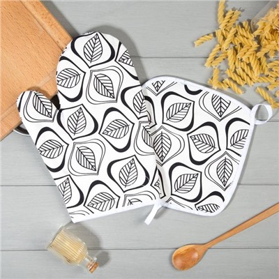 Кухонный набор «Этель» Leaves: варежка-прихватка 20×27 см, прихватка 19×19 см, 100% хлопок