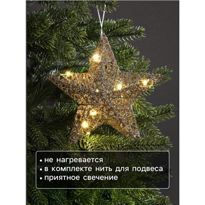 Подвеска световая «Звезда золотистая», 20×20х5 см, 10 LED, от батареек AG13×3, свечение тёплое белое