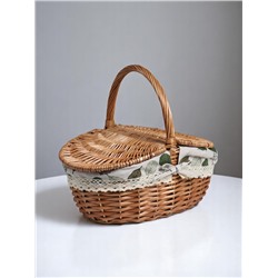 Плетёная корзина-лукошко, ткань внутри, 2е крышки, 33×25 см, Н 17/13 см, Н с ручкой 30 см, дно 23×16 см 1