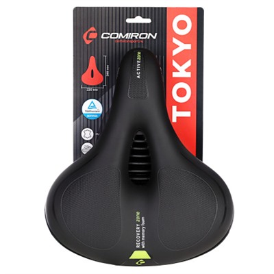 Седло велосипедное комфортное COMIRON TOKYO C012 265x220, Технологии: ED, MEMORY FOAM, Верх: PU с пресс. принтом, Цвет: Чёрный+:Желтый/ АКЦИЯ /уп 20/