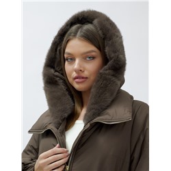 Пальто зимнее женское стильное с норкой люкс класса коричневого цвета 8628K