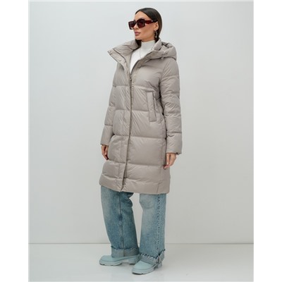 Пальто зимнее утепленное с капюшоном женское бежевого цвета 7618B