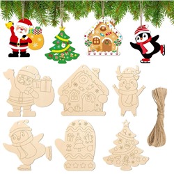 Новогодние елочные игрушки-заготовки из дерева для раскрашивания, Набор 6 штук (Высота 10 см.) с веревками