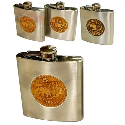 Фляжка Байкал Медведь (металл, береста)  5oz  9*9 см в/к