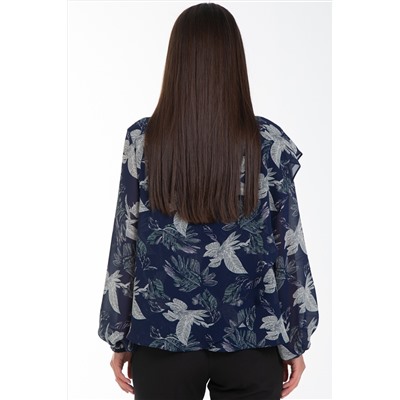Блузка шифоновая тёмно-синего цвета с принтом