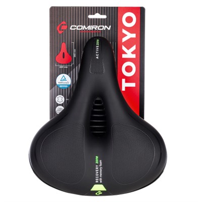 Седло велосипедное комфортное COMIRON TOKYO C012 265x220, Технологии: ED, MEMORY FOAM, Верх: PU с пресс. принтом, Цвет: Чёрный+:Желтый/ АКЦИЯ /уп 20/