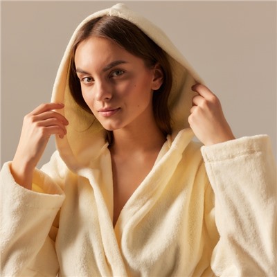Халат махровый с капюшоном женский SL HOME: Basic «Айвори», хлопок 100%, молочный