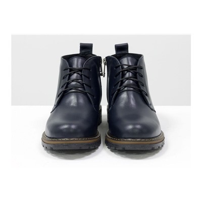 Женские ботинки на шнуровке в стиле Dr. Martens, выполнены из натуральной кожи синего цвета, на утолщенной тракторной подошве, Б-152-27