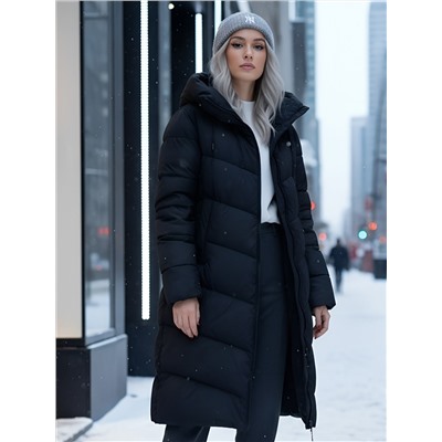 Пальто зимнее утепленное с капюшоном женское черного цвета 1318Ch