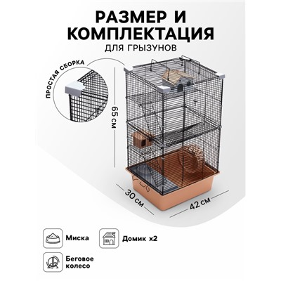 Клетка для грызунов «Пижон» 4 этажа, 42×30×65 см (2 домика, колесо, миска), беж