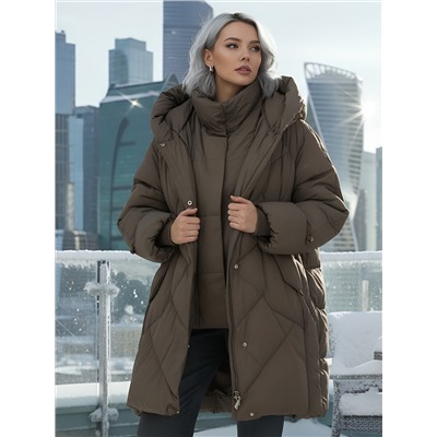 Пальто двубортная зимнее утепленное женское коричневого цвета 7732K