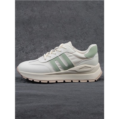 03-WG040-1M MILK/GREEN Кроссовки демисезонные женские (натуральная кожа)