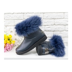 Женские ботиночки в стиле UGG из натуральной кожи флотар темно-синего цвета и натурального шикарного меха песца, коллекция Зима , Б-17113-08