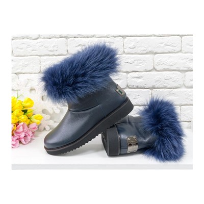 Женские ботиночки в стиле UGG из натуральной кожи флотар темно-синего цвета и натурального шикарного меха песца, коллекция Зима , Б-17113-08