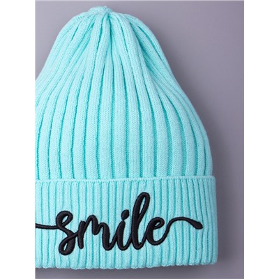 Шапка вязаная детская с отворотом, вязка лапша, SMILE, мятный