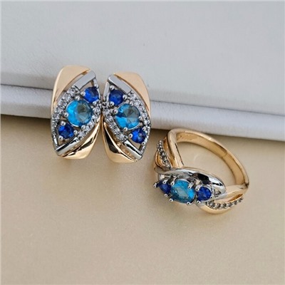 Комплект ювелирной бижутерии коллекция "Дубай" серьги и кольцо 17 р, покрытие позолота, вставка: фианиты и цирконы, цвет: голубой и прозрачный, арт.414.613-17