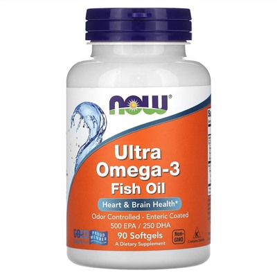 NOW Foods, ультра омега-3, рыбий жир, 90 капсул