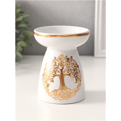 Аромалампа для эфирных масел «Древо жизни», керамика, белая с золотом, 9.3×9.3×11.8 см
