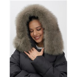 Пальто зимнее утепленное с мехом и капюшоном тренд черного цвета 7745Ch