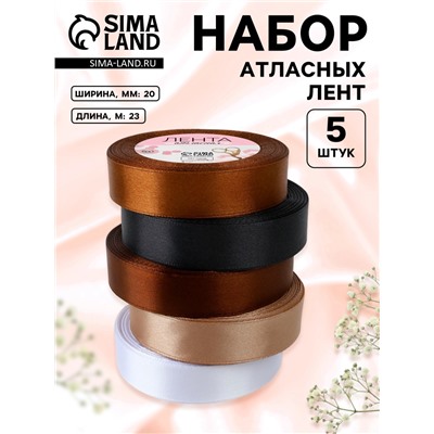 Набор атласных лент, 5 шт., 20 мм, 23±1 м, коричневый, белый