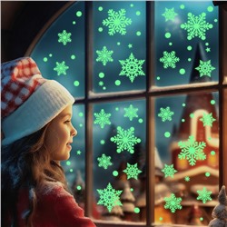 Наклейки на окна "Снежинки СВЕТЯЩИЕСЯ в темноте" 64 элемента 2 листа 20*30 см. Многоразовые, Без клея (Статические) BQ030