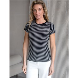 Футболка облегающая в тонкую черно-белую полоску из премиального хлопка с эластаном