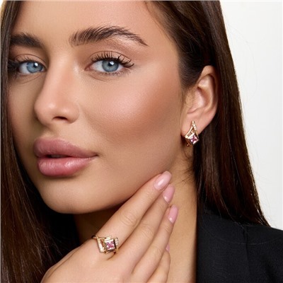 Комплект ювелирной бижутерии коллекция "Дубай" серьги и кольцо 19 р, покрытие позолота, вставка: фианит и цирконы, цвет: розовый и прозрачный, арт.414.635-19