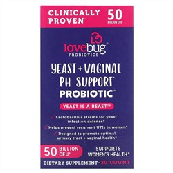 LoveBug Probiotics, дрожжи + пробиотик для поддержки уровня pH влагалища, 50 млрд КОЕ, 30 шт.