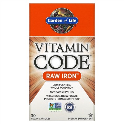 Garden of Life, Vitamin Code, RAW Iron, 30 веганских капсул