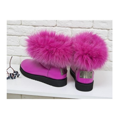 Женские ботиночки в стиле UGG из натуральной кожи цвета фуксия и натурального шикарного меха песца, Коллекция осень-зима , Б-17113