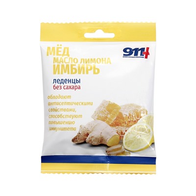 Леденцы от кашля 911 мед, масло лимона, имбирь, 50 г
