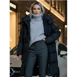 Пальто зимнее утепленное с капюшоном женское черного цвета 7700Ch