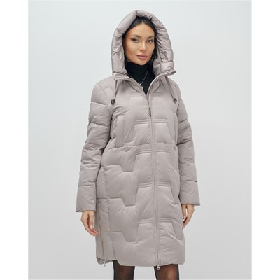 Пальто зимнее утепленное с капюшоном женское светло-коричневого цвета 7638SK